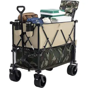 Foldable Double Decker Wagon with Compact Storage, 440 lbs Heavy Duty Utility Cart with Brakes, 400L Large Capacity Collapsible Garden Wagon with 7 Inch All-Terrain Wheels for Beach Camping Shopping