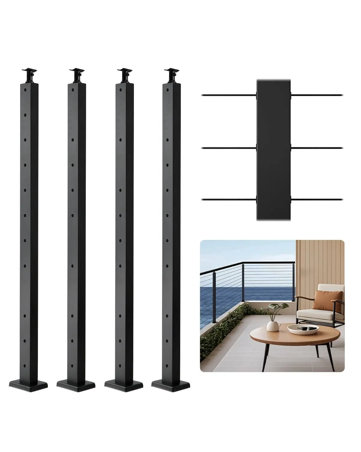 4-Pack Stainless Steel Cable Railing Post for Deck, 42x1x2 Inch, Horizontal-Hole Design with Pre-Drilled Holes, Black Finish, Includes Horizontal And Curved Brackets, Outdoor Durable Deck Railing Post Set