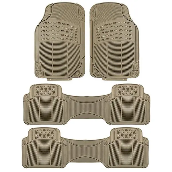 Beige 3-Row ClimaProof Trimmable Non-Slip Vinyl Car Floor Mats All Weather Set - Custom Size, Fluid Guard, Rear 54.4"x17.1", Tall Outer Ridges, Securing Design, Automotive Protection Accessory