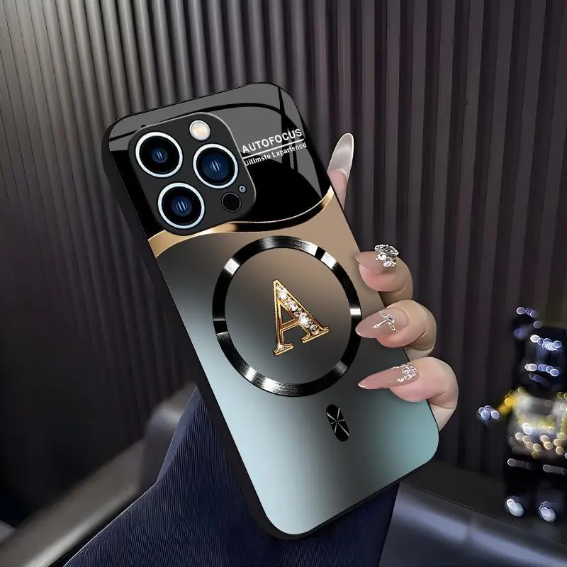 Suitable for [iPhone 12 Pro] high-end MagSafe phone case🥰, Features a magnetic attachment function Luxury Gradient Metallic Bling Rhinestone 26 Initial 952