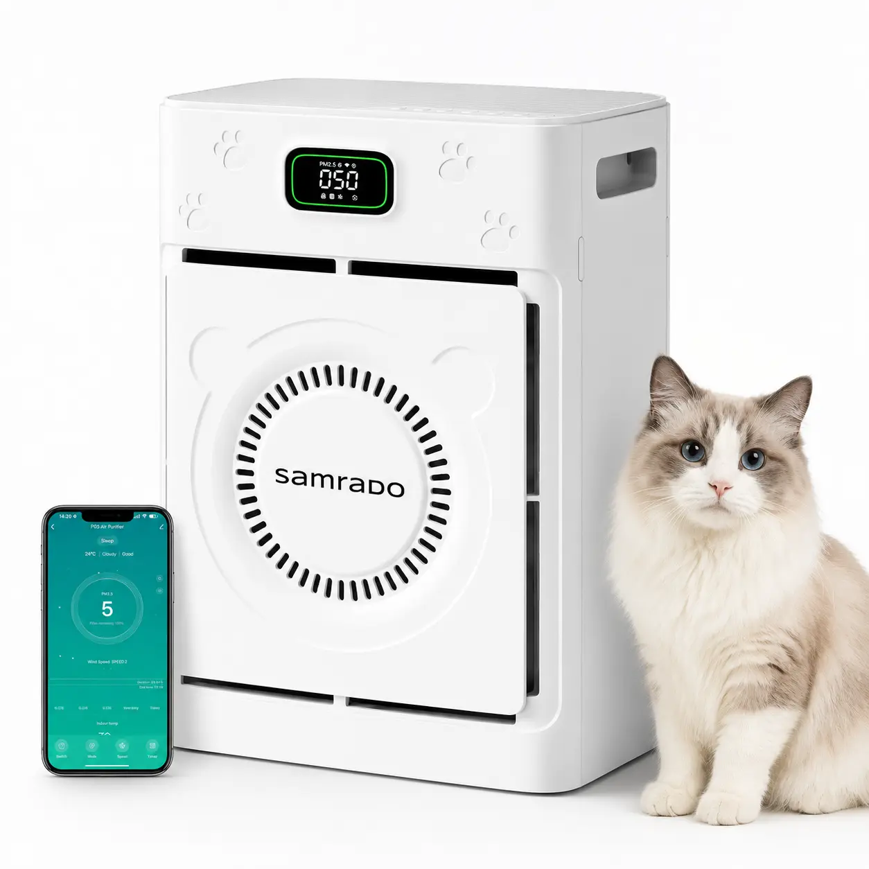 Pet Air Purifier for Hair, Dander & Odor , Washable H13 HEPA Filter, App Control, PM2.5 Display, White
