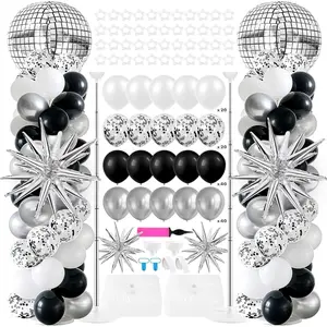 Disco Balloon Column Stand Kits Black and Silver Balloons Column Kit with Disco Ball Explosion Star 80s Themed Stand Kit for Birthday Retro Dance Supplies