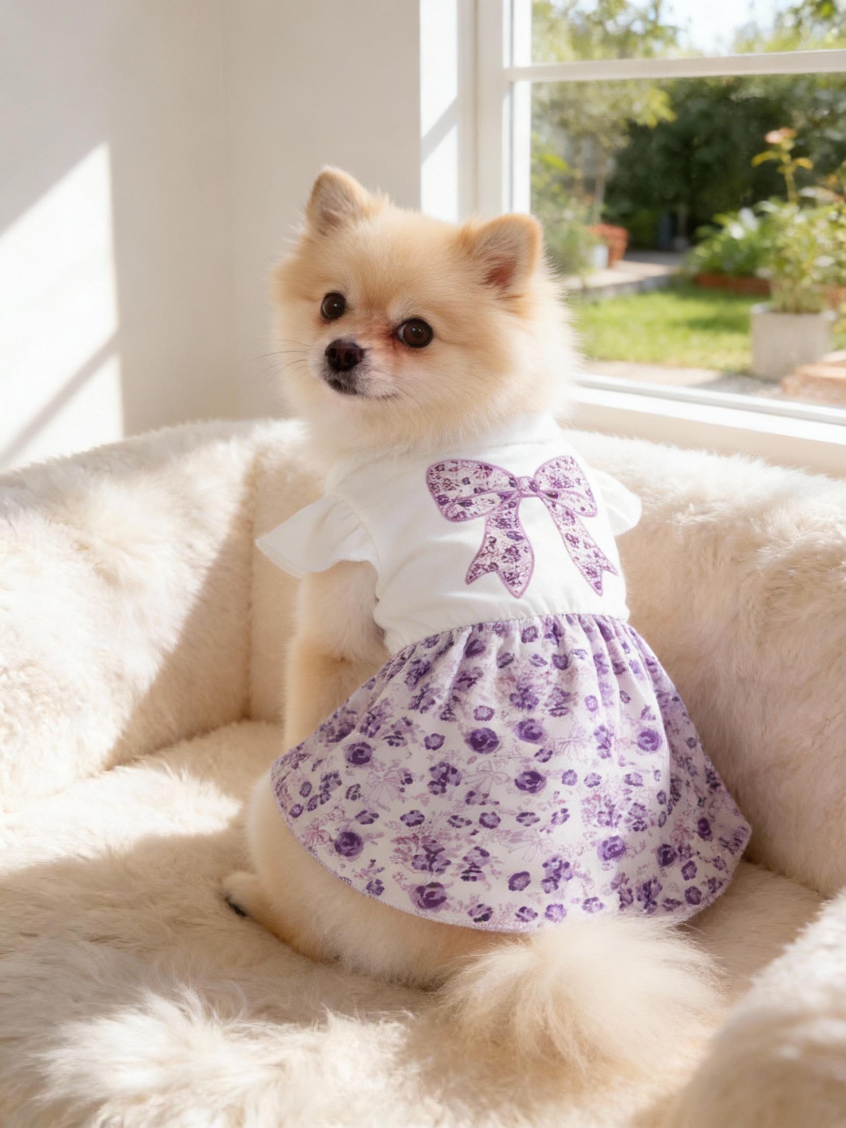 Pet Clothes Dog Cat Dress Bow Purple Flying Sleeve Yorkshire Terrier Maltese Teddy Bichon Bear Pomeranian Bulldog For Daily Use A169
