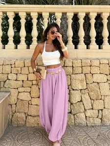 Summer Women's Casual Fashion Solid Color Long Pants, Loose Fit Elastic Waist Lantern Pants, Bottoms, Ideal for Daily Wear