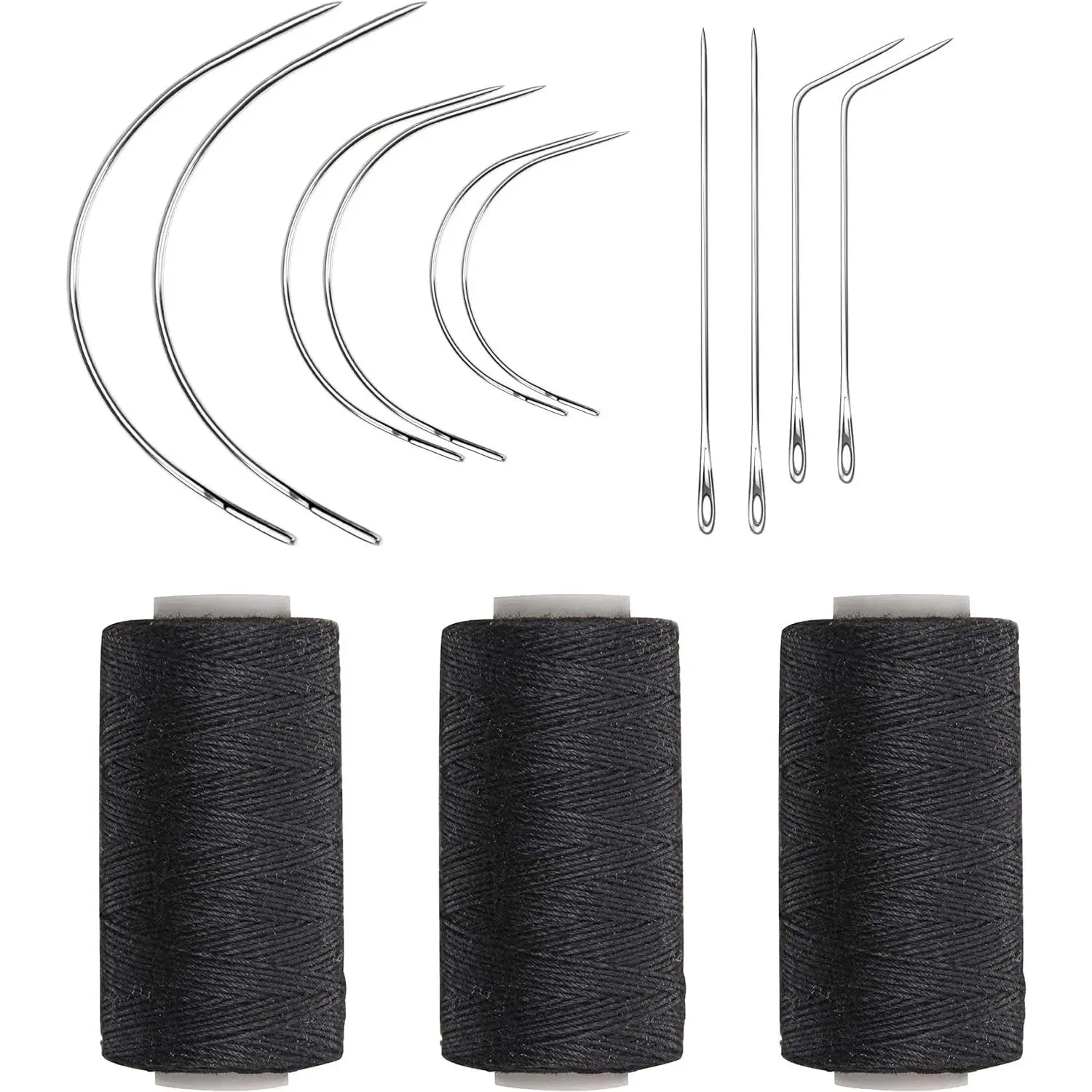 Weaving  Combo Deal Black Thread with 10 count  for Making Wig Sewing Hair Weft Hair Weave Extension, Big Medium and Small C J Shape Curved  I  (3 Thread Black + 10 ), Wig Hair, Clip Hair Extension