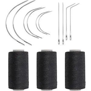 Weaving  Combo Deal Black Thread with 10 count  for Making Wig Sewing Hair Weft Hair Weave Extension, Big Medium and Small C J Shape Curved  I  (3 Thread Black + 10 )
