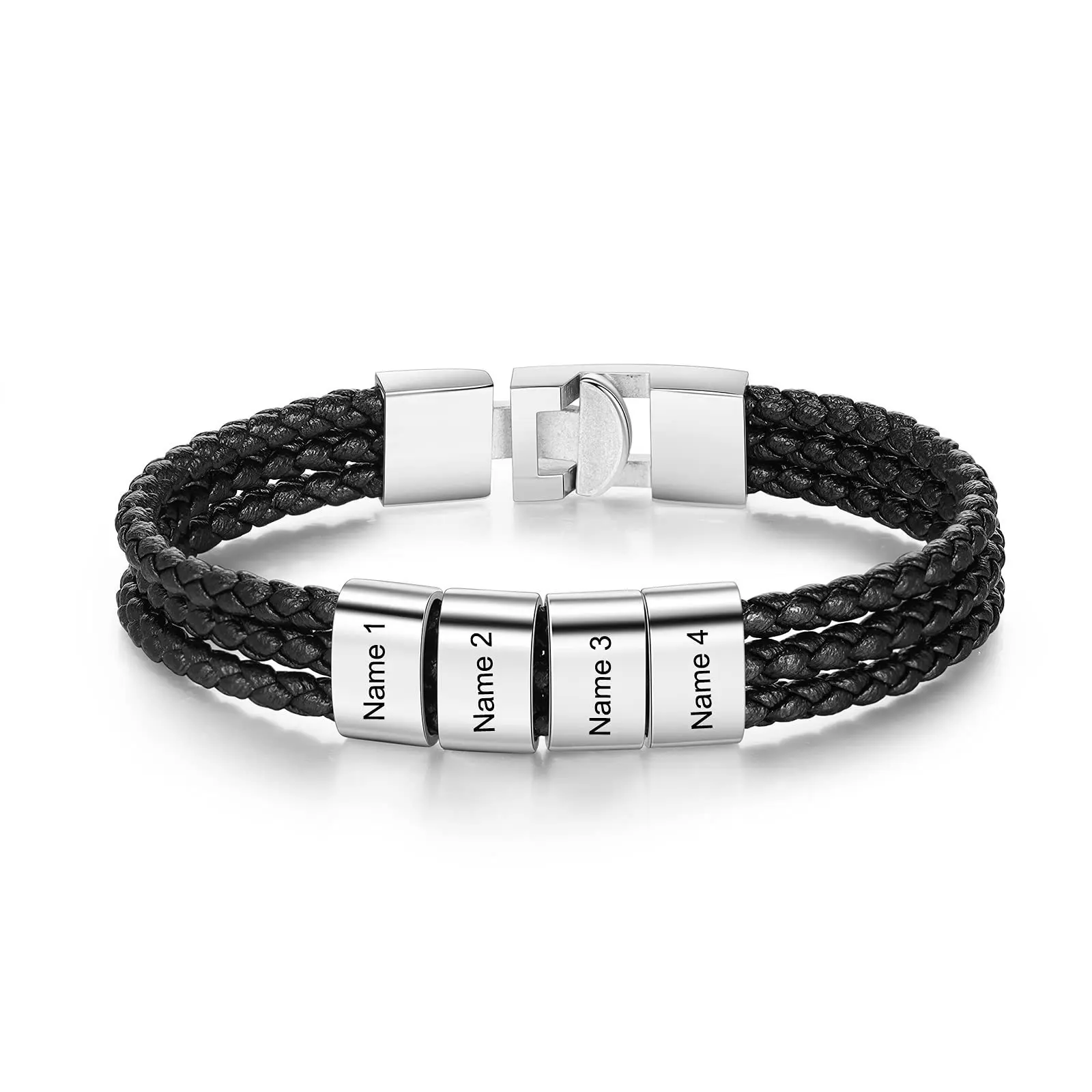 KissYan Men's Beaded Bracelets, 3-Row Leather Bracelet Jewelry with Custom Engraved Names, Personalized Fathers Day Gift for Dad & Husband, Personalized Gift, Dads, Husbands, Male Wear, 3-Row Black Band, Up To 6 Names, Fashion, Three Rows