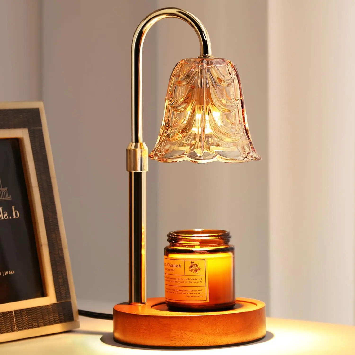 S.W.us Elegant Wooden Iron Touch Timer Wax Warmer - Smart Touch Switch Aromatherapy Lamp with 2H/4H/8H Timed Heat, Bell Shape, Glass Petal Shade, Bedroom/Office Aroma Night Light, Home Supplies, Includes Bulbs