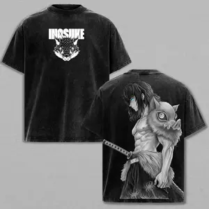 Inosuke Anime Washed Tee – Demon Slayer Vintage Manga T-Shirt, Cool Japanese Anime Graphic Shirt, Oversized Streetwear Trendy Otaku Gift, Aesthetic Shonen Anime Tee men clothing 90s Graphic American Casual Short Sleeve Tee Gym & Streetwear