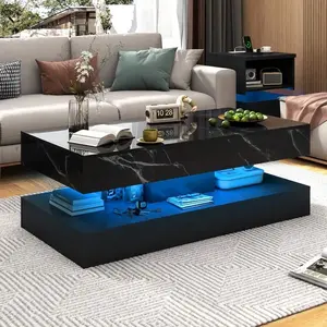 39/47inch Large High-Glossy LED Coffee Table With 2 Sliding Drawers, Living Room Storage Tables With Marbling Print, Modern Stylish Double-Layer Center Tables W/ USB Powered LED Lights