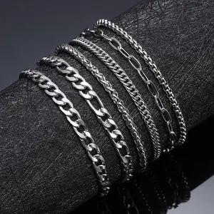 6Pcs Men's Stainless Steel Chain Bracelet Set | Cuban Figaro Stackable - Perfect for Daily Wear & Gifts for Him