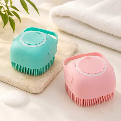 2-in-1 Silicone Rubber Pet Bath Brush with Shampoo Dispenser - Soft Bristles, Ergonomic Grip Reduces Hand Fatigue, Waterproof Detachable Head, Gentle Massage Grooming Supplies for Dogs, Clean Bathing
