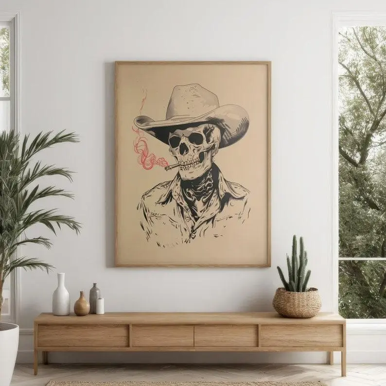 Skeleton Cowboy Print - Vintage Western Bar Art| Frameless Rustic Wall Decor for Eclectic Homes(Note: Frame shown for display only) Gift Lightweight Decoration wall decor wall art posters
