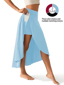 Women's High-Waisted Split Thigh Sports Skirt with Inner Shorts Pockets, Lightweight Elastic Fabric, Casual Pure Color Sporty Short Dress, Casual Sporty Skorts, Workout Skirts, Skirts with Shorts Underneath