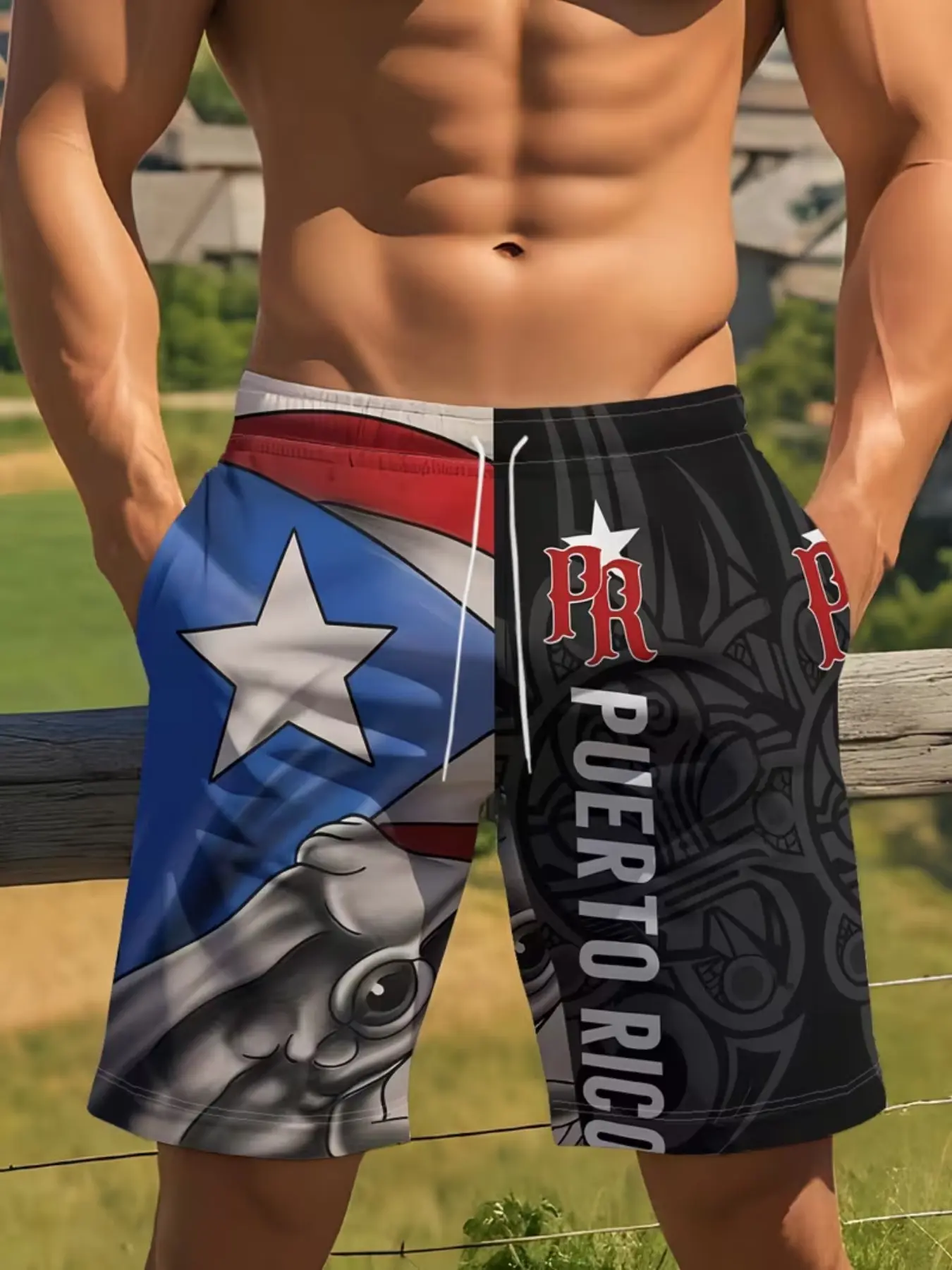 Puerto Rico Theme Men's Beach Shorts, Swimwear Shorts, Swimsuit Shorts, 3D Print Quick-Dry Swim Trunks, Casual Slim-Fit Short Pants for Summer Leisure