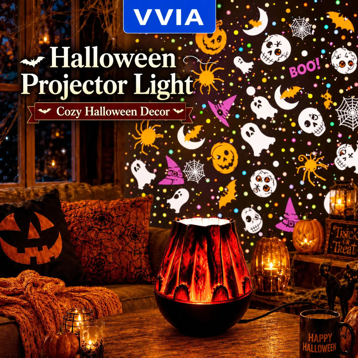 Halloween Flame Effect Projection Lamp, Spooky Pumpkin & Ghost Projector Light - USB Mobile Decorative Lamp for Rustic Indoor Room Holiday Decor, Room Decor