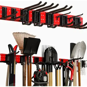 Garage Tool Organizer Wall Mount 49.5inch With 9 Hooks,Shovel Holder Wall Mount Ski Rck for Garage Garden Tool Rack Heavy Duty(Red)