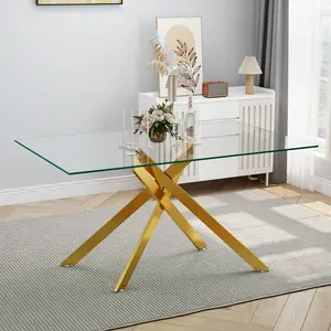 51.18" Rectangular Tempered Glass Dining Table, Chrome Plated Metal Legs for Living Room & Kitchen, Modern Aesthetic, Gold