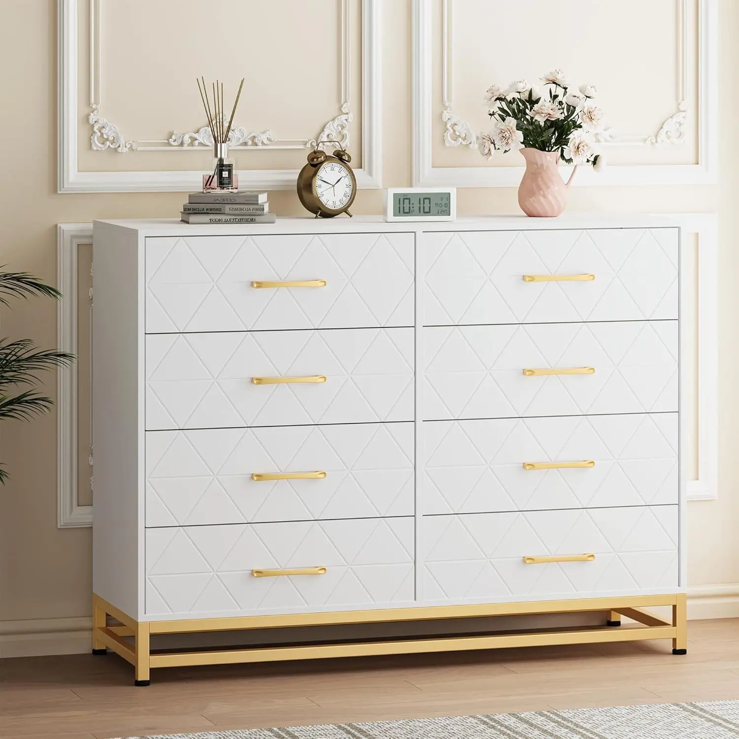 White 8-Drawer Modern Wood MDF Waterproof Bedroom Dresser - TV Console Cabinet, Multi-Functional Clothing & Lingerie Storage Chest for Living Room, Hallway