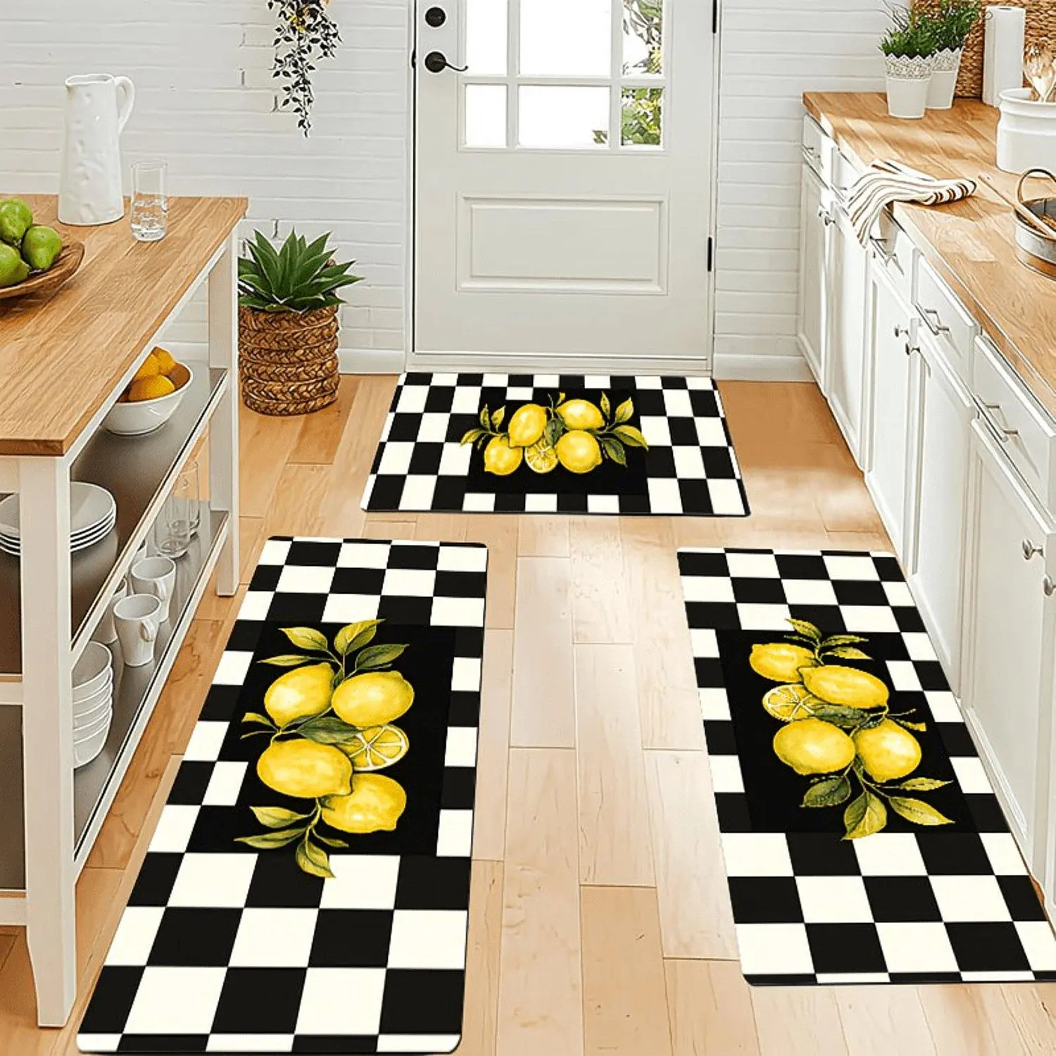 Lemon Checkered Mat - Non-Slip Soft Flannel Mat Suitable, Bathroom, Bedroom, Living Room, Porch - Lemonade & PVC Backing, Easy Clean, Spring/Easter/Valentine' Decor, Rectangular