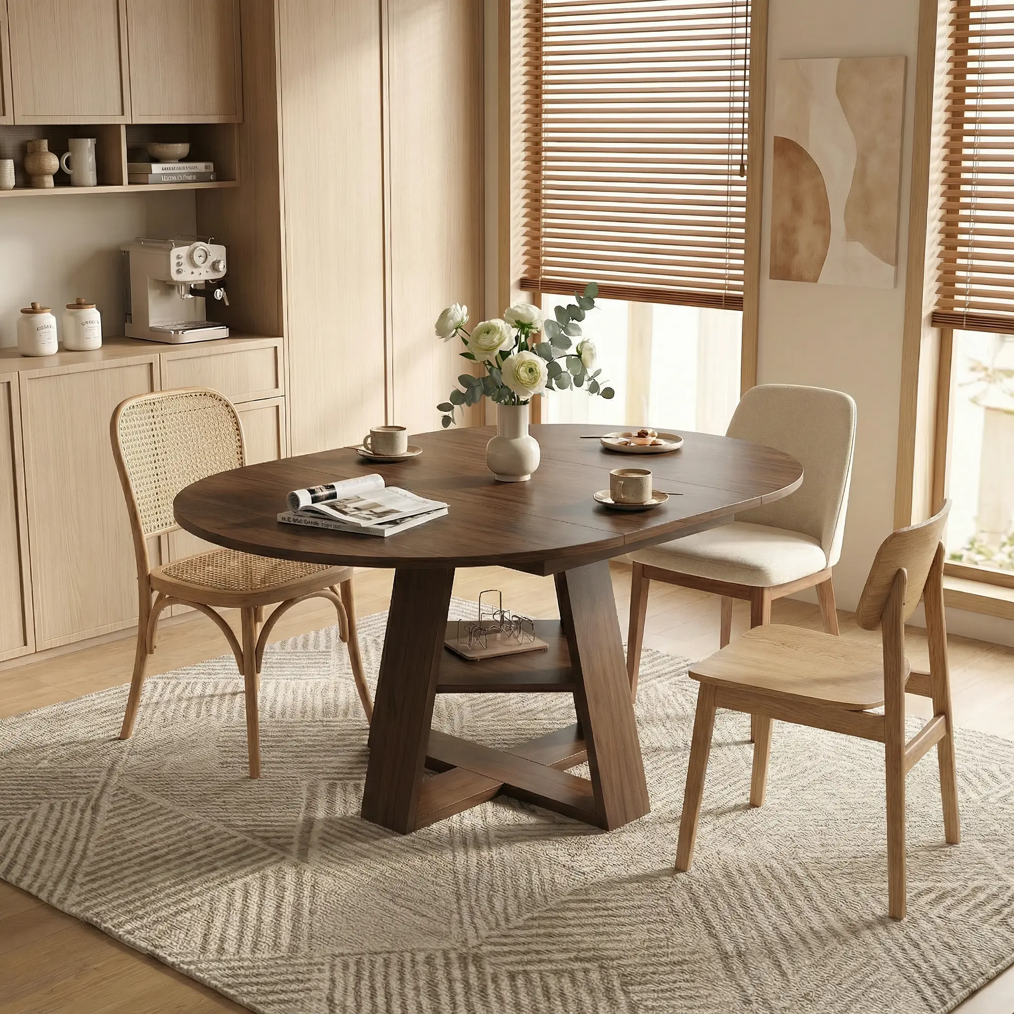 Extendable Round Dining Table for 4-8,Modern Kitchen Oval Dining Table with Removable Leaves Space Saving,Wood Base with Storage Shelf for Kitchen Living Room (Walnut) mesaredonda