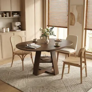 43.3in-59in Extendable Round Dining Table for 4-8,Modern Kitchen Oval Dining Table with Removable Leaves Space Saving,Wood Base with Storage Shelf for Kitchen Living Room (Walnut) mesaredonda