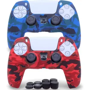 2 Pack Silicone Controller Skins Camo Anti-Slip Cover Case Protector Sleeve for PlayStation 5 /PS5 Controller with 8 x Thumb Grip Caps(Blue,Red)