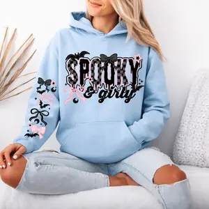 Spooky & Girly Gildan hooded Sweatshirt with Sleeve design unisex sizing womenswear comfortable soft Casual Pullover Tops Fabric Pocket Mint Green Green Spandex Cotton
