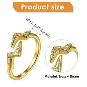 OIDEA Lightning Bolt Cubic Zirconia Open Ring for Women, Brass Adjustable CZ Statement Ring, Gold Tone Band Width 0.23"