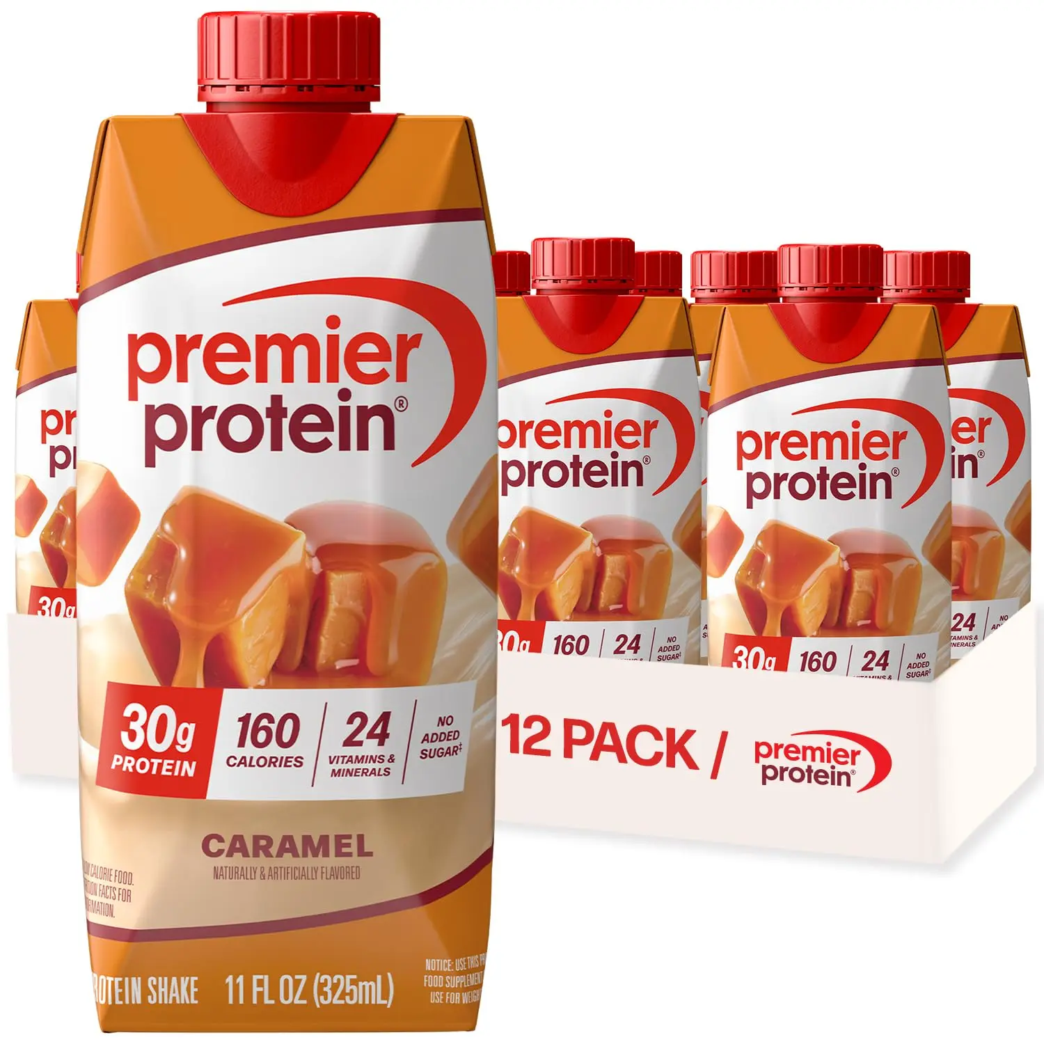 Premier Protein Shake, Caramel, 30g Protein, No Added Sugar, 24 Vitamins & Minerals to Support Immune Health, 11 fl oz, 12 Pack