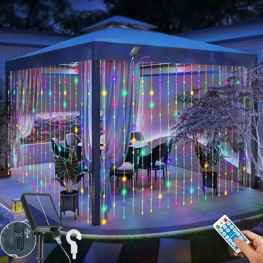 Solar Curtain Lights Outdoor 10 x 10Ft 300LED Waterproof Waterfall Light with 8 Modes Remote USB Rechargeable Dimmable Timer Twinkle Fairy String Lights for Outdoor Christmas Gazebo Wedding Pergola