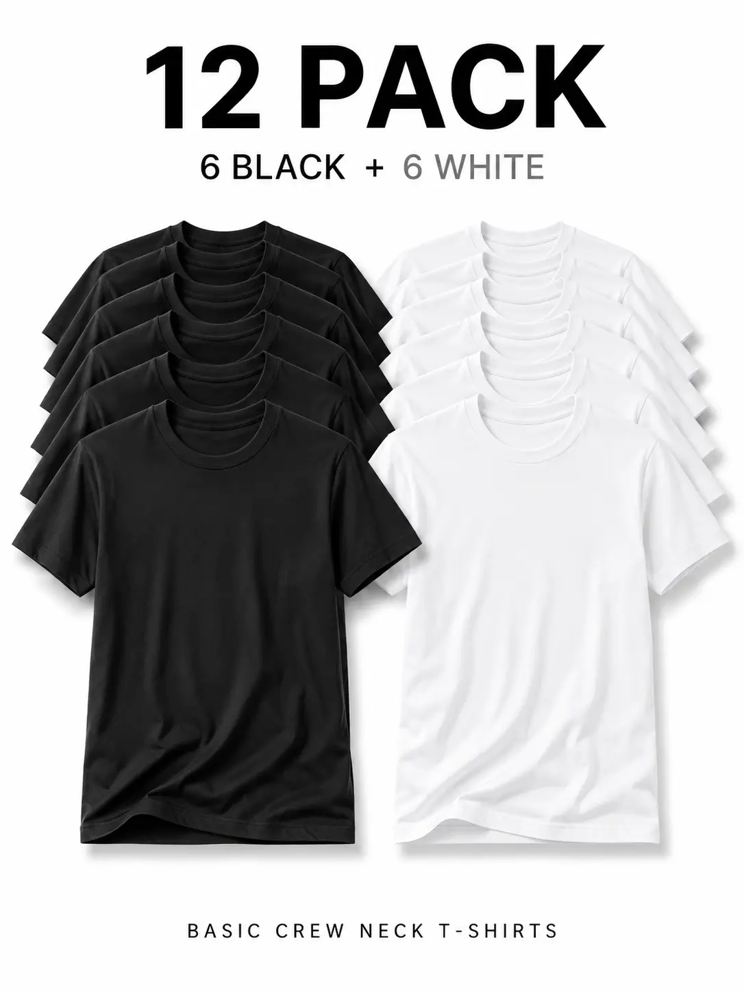 Unisex Classic 12-Pack Tshirts ($36.99) - 6 Black+6 White Plain Crew Neck Shortsleeve Soft Cotton Baggy Tops, Breathable Gym Undershirts, Loose Fit Athletic Wear for Training, Casual Use