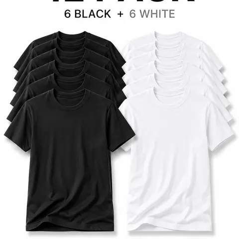 Men's 12-Pack Retro Soft Cotton T-Shirts - Unisex Round Neck, Blank Drop Shoulder Short Sleeve Streetwear, Loose Oversized Tops (6 Black + 6 White, No Extra Add-ons, New Year)