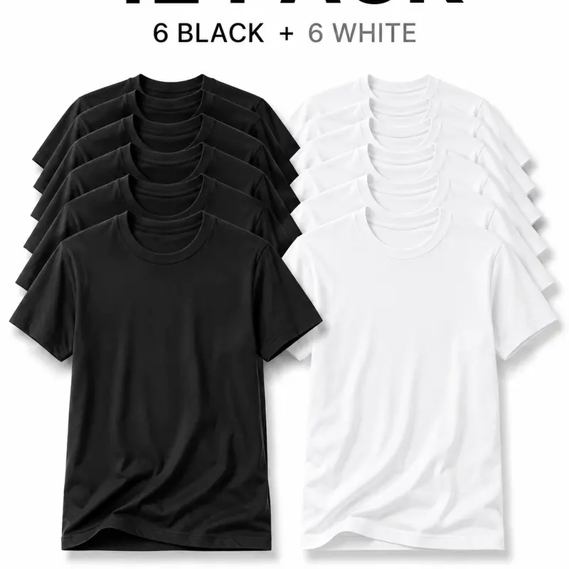 Men's 12-Pack Retro Soft Cotton T-Shirts - Unisex Round Neck, Blank Drop Shoulder Short Sleeve Streetwear, Loose Oversized Tops (6 Black + 6 White, No Extra Add-ons, New Year)