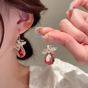 Super fairy-like sweet zircon butterfly water drop ear hook earrings, DDES0314 elegant earrings with a light luxury and high-end feel for women, 14K Gold-Plated
