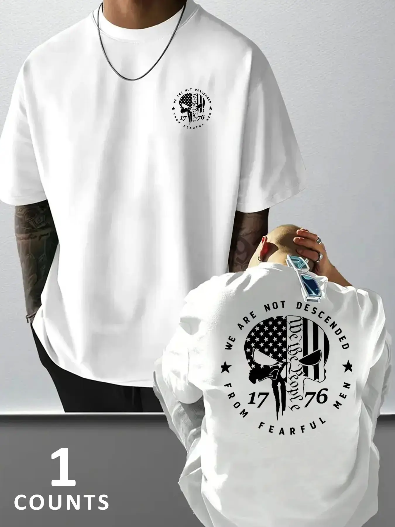 Men's Summer Comfortable Clothing, Fitted Streetwear, Skull Pattern Letter Print, Round Neck, Trendy Style for Hot Weather, Perfect for Outdoor Casual Activities