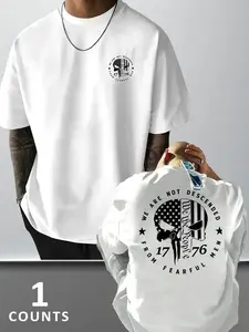 Men's Summer Comfortable Clothing, Fitted Streetwear, Skull Pattern Letter Print, Round Neck, Trendy Style for Hot Weather, Perfect for Outdoor Casual Activities