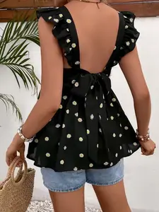 Maternity Daisy Print Tie Back Flounce Sleeve Ruffle Blouse - Cute & Breathable