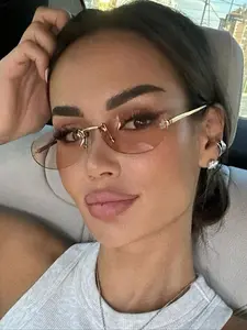 Women's Champagne Color Oval Frameless Sunglasses, Alloy Frame, Decorative Lens Design, Casual Style for Daily Wear & Music Festivals, Trendy Beach Eyewear, Sun Shades