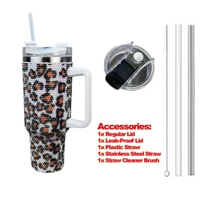 40oz Sparkling Tumbler with Rhinestones, Rhinestones, Tumbler, Stainless Steel, Vacuum Insulation, Leopard Pattern
