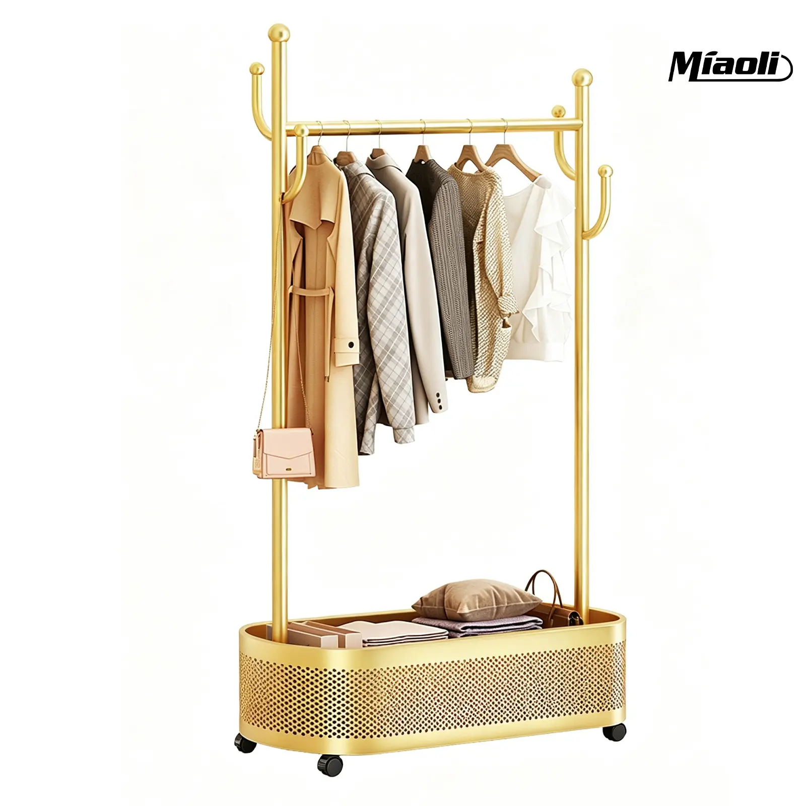MiAoLi Multifunctional coat rack with storage basket 360° movable rotation｜Bedroom and living room storage artifact｜Hanging clothes/hats/bags/scarves｜Space-saving and stylish home｜Home essential