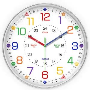 8-12 inch children's teaching clock, learn how to tell the time, 12/24 color time partition, silent no ticking battery power supply, suitable for living room, bedroom, children's room, teacher decoration， room stuff for boys， boys room accessories，