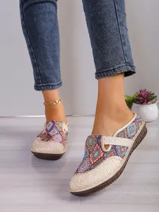 Women's Bohemian Breathable Soft Rubber Sole Slip-On Style Shoes, Round Toe Non-Slip Woven Linen Half Slippers, Casual All Season Walking Shoes Flat Sole