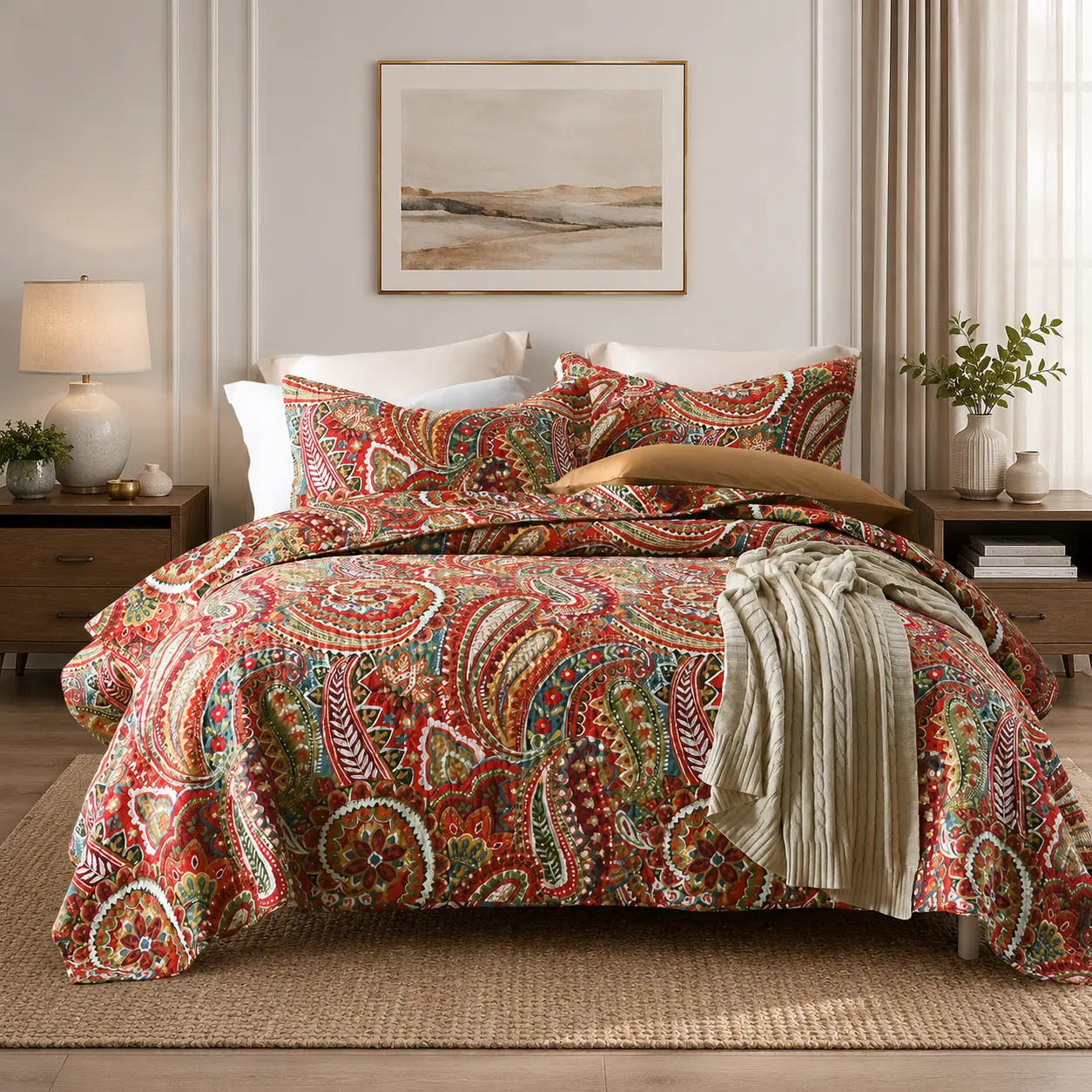 Cotton Bedspread Quilt Sets, Reversible Bedding Coverlet Sets Comforter, Floral Paisley Bedspread (Red, King Size)