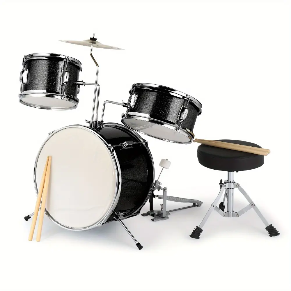 14"x10" Black Snare Drum Complete Kit (3pcs) - Kid Junior Percussion Musical Instruments, Includes Pedal, Drum Sticks, Wrench, Stool, Drum Cymbal, Junior Drum Set