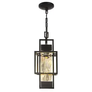 15" Dusk to Dawn Outdoor Pendant Light Exterior Hanging Lantern, Modern Black Metal Outside Chandelier Light Fixture Ceiling Mount with Water Glass for Front Porch Entrance Foyer Entryway