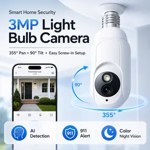 AI Bulb Cam — 2K HD Light Bulb Security Camera, 24/7 MicroSD Recording, Color Night Vision, Optional Advanced AI Subscription for Pet/Package/Person Detection, Color Night Vision, 2-Way Audio,with 911 Alarm Monitoring , 2.4G WiFi ,US Local Cloud Cord