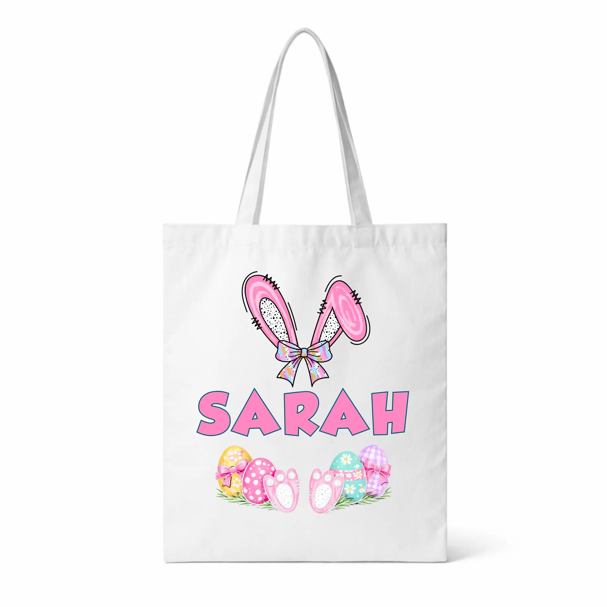 Personalized Easter Tote Bag for Kids • Custom Name Bunny Egg Hunt Bag • Double Sided • Reusable Easter Basket