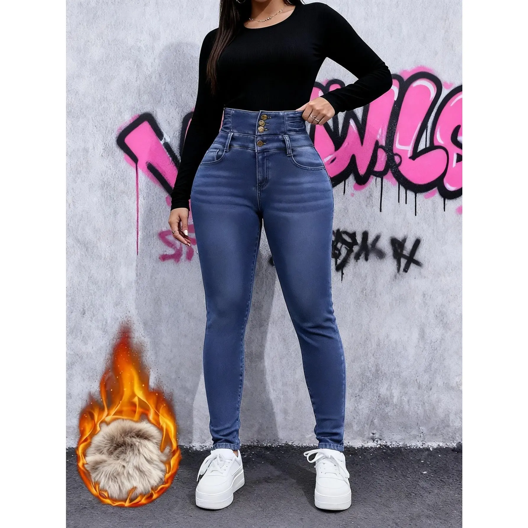 Women's Fleece-Lined Plain High Waist Multi-Button Tummy Control Skinny Jeans, Cotton-Polyester-Viscose-Elastane Stretch Bottoms, Light Blue Wash, Seam Pocket Clothes, All Seasons, Machine Washable, No Dry Clean