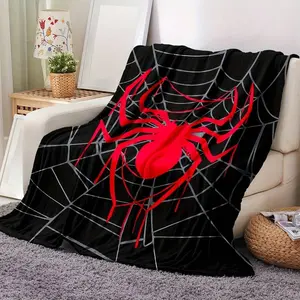 Spider-themed flannel blanket soft and warm,suitable for all seasons,featuring a striking red and black spider web design,modern style,suitable for sofas,beds,and camping  perfect Halloween gift,Halloween blanket, home decor accessory birthday celebration